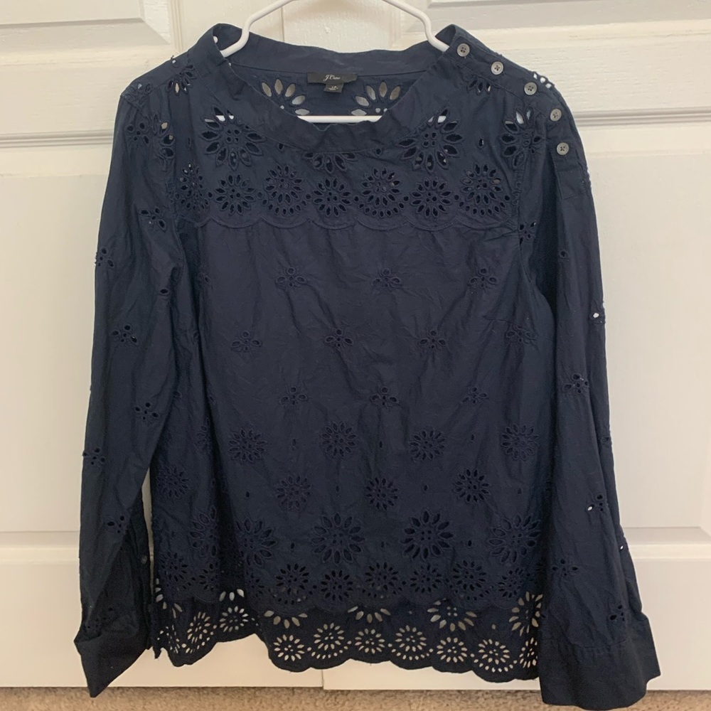 J Crew Navy Eyelet Blouse. Size 14